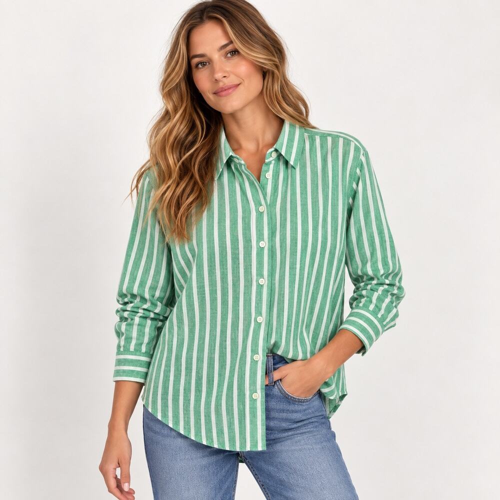 NWOT J.Crew Factory Striped Linen-Blend Button-Up Shirt Green White Size Medium